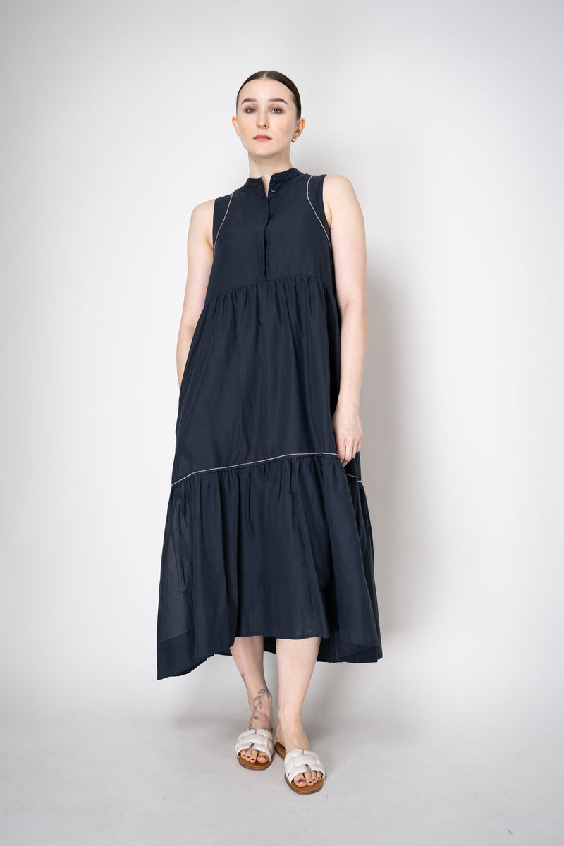 Peserico Cotton Voile Tiered Dress with Brilliant Beading details in Navy Vancouver. Shop Online or in Store.