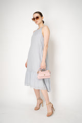 Peserico Cotton Voille Dress with Filo Diamante Embellished Tiered Trim in Pastel Blue Grey Vancouver. Shop Online or in Store.
