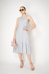 Peserico Cotton Voille Dress with Filo Diamante Embellished Tiered Trim in Pastel Blue Grey Vancouver. Shop Online or in Store.