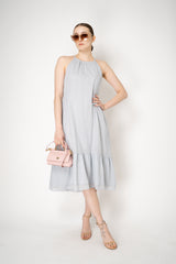 Peserico Cotton Voille Dress with Filo Diamante Embellished Tiered Trim in Pastel Blue Grey Vancouver. Shop Online or in Store.