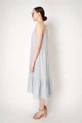 Peserico Cotton Voille Dress with Filo Diamante Embellished Tiered Trim in Pastel Blue Grey Vancouver. Shop Online or in Store.