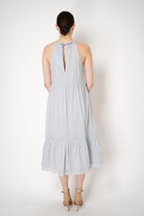 Peserico Cotton Voille Dress with Filo Diamante Embellished Tiered Trim in Pastel Blue Grey Vancouver. Shop Online or in Store.