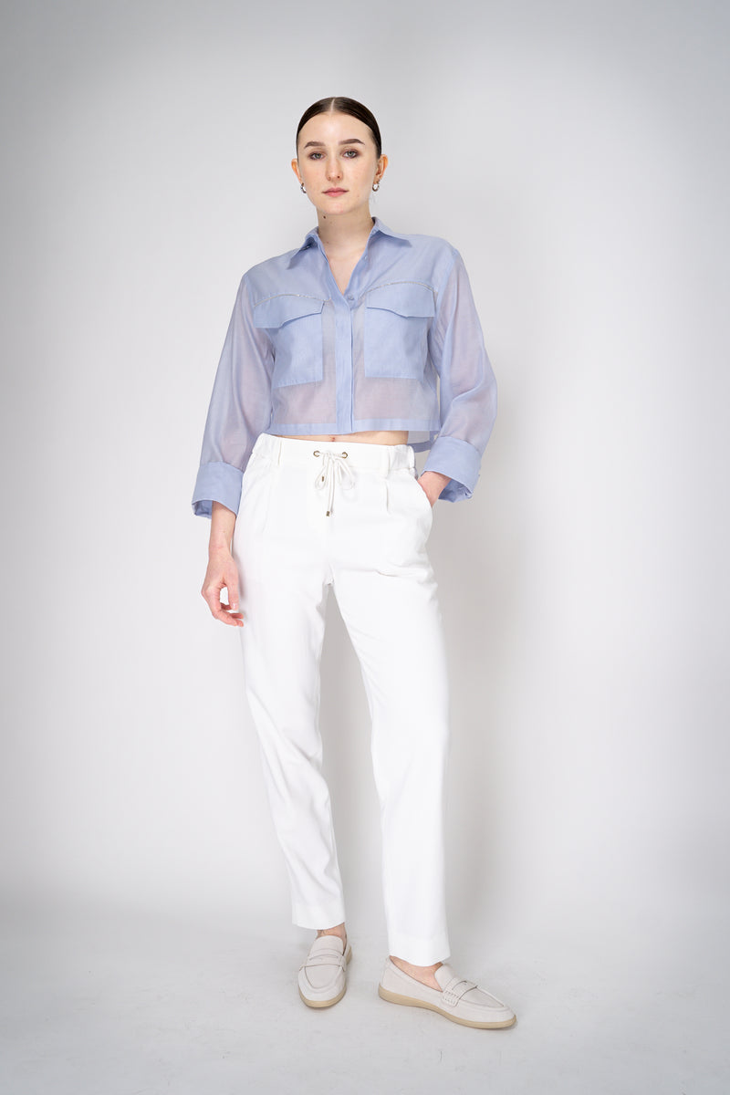 Peserico Cropped Lightweight Cotton Voile Blouse in Light Blue Vancouver. Shop Online or in Store.