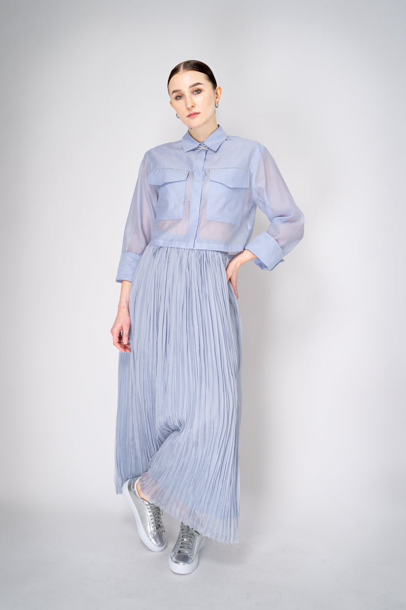 Peserico Cropped Lightweight Cotton Voile Blouse in Light Blue Vancouver. Shop Online or in Store.