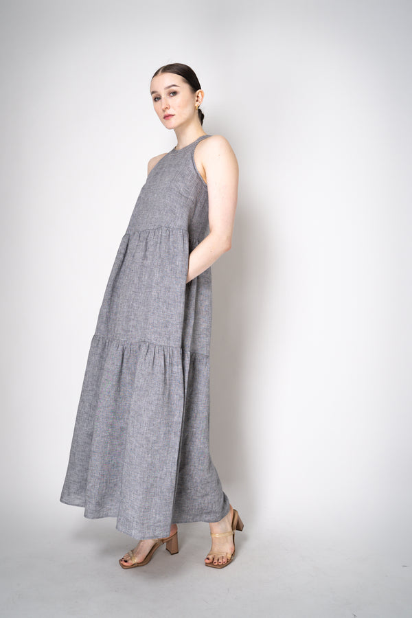 Peserico Halter Maxi Dress with Tiered Construction in Chambray Vancouver. Shop Online or in Store.