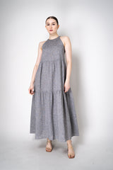 Peserico Halter Maxi Dress with Tiered Construction in Chambray Vancouver. Shop Online or in Store.