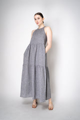 Peserico Halter Maxi Dress with Tiered Construction in Chambray Vancouver. Shop Online or in Store.