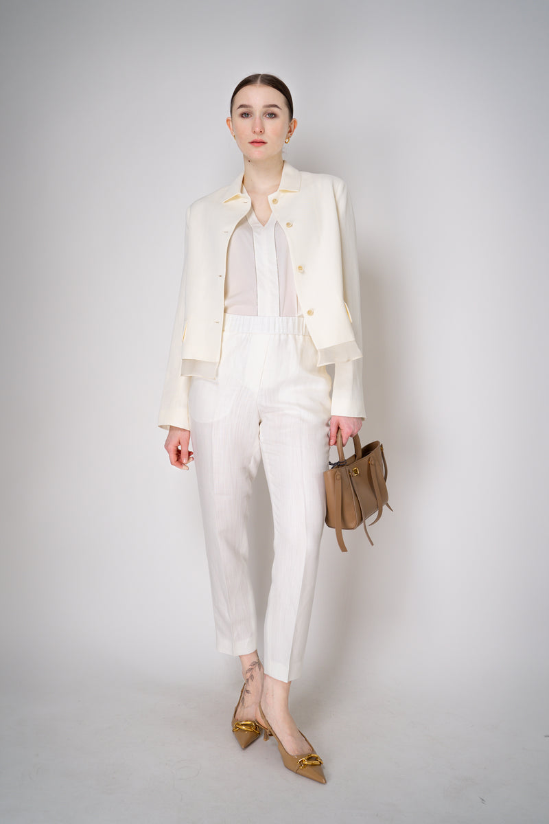 Peserico Linen Blend Pull-On Style Sateen Finish Trousers in White Vancouver. Shop Online or in Store.