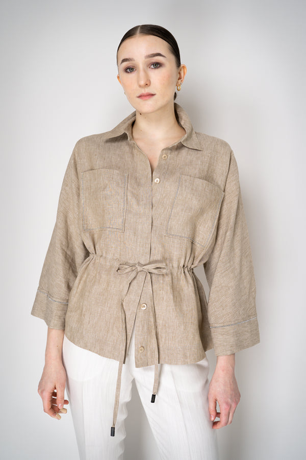 Peserico Linen Blouse-Jacket with Cinchable Waist in Beige Melange Vancouver. Shop Online or in Store.
