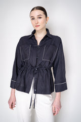 Peserico Linen Blouse-Jacket with Cinchable Waist in Navy Vancouver. Shop Online or in Store.