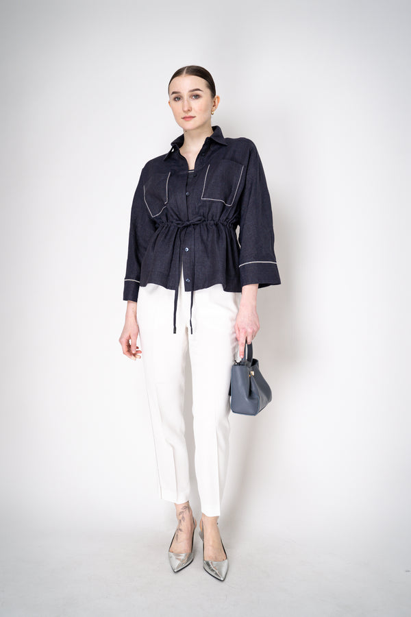Peserico Linen Blouse-Jacket with Cinchable Waist in Navy Vancouver. Shop Online or in Store.