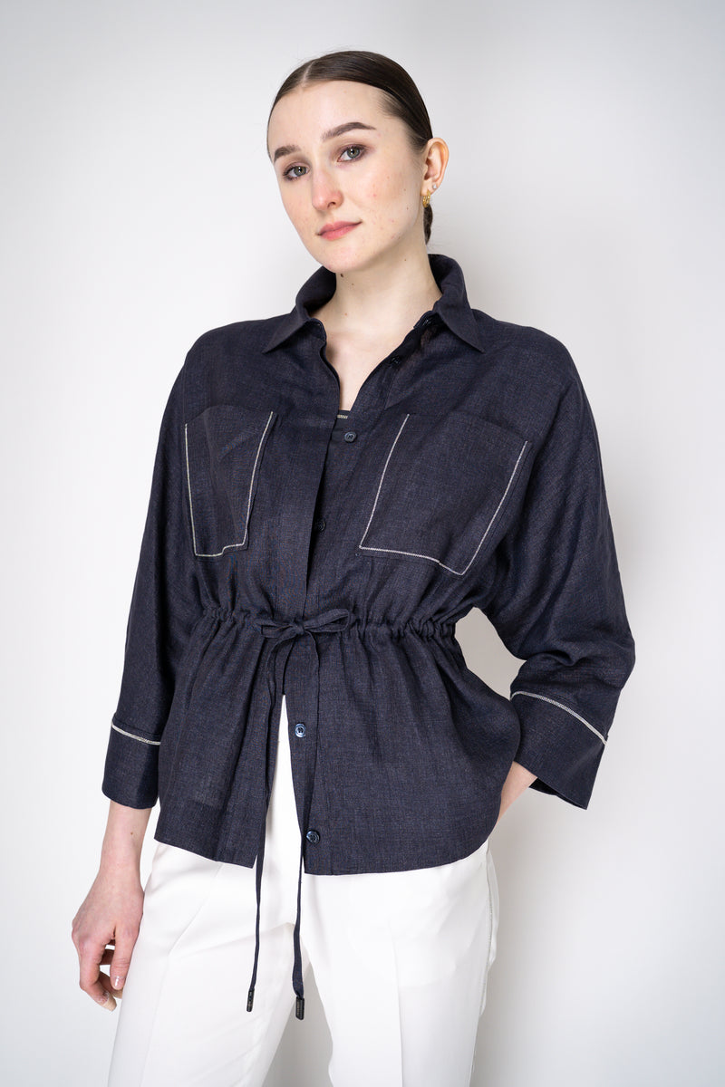 Peserico Linen Blouse-Jacket with Cinchable Waist in Navy Vancouver. Shop Online or in Store.