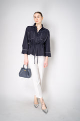 Peserico Linen Blouse-Jacket with Cinchable Waist in Navy Vancouver. Shop Online or in Store.