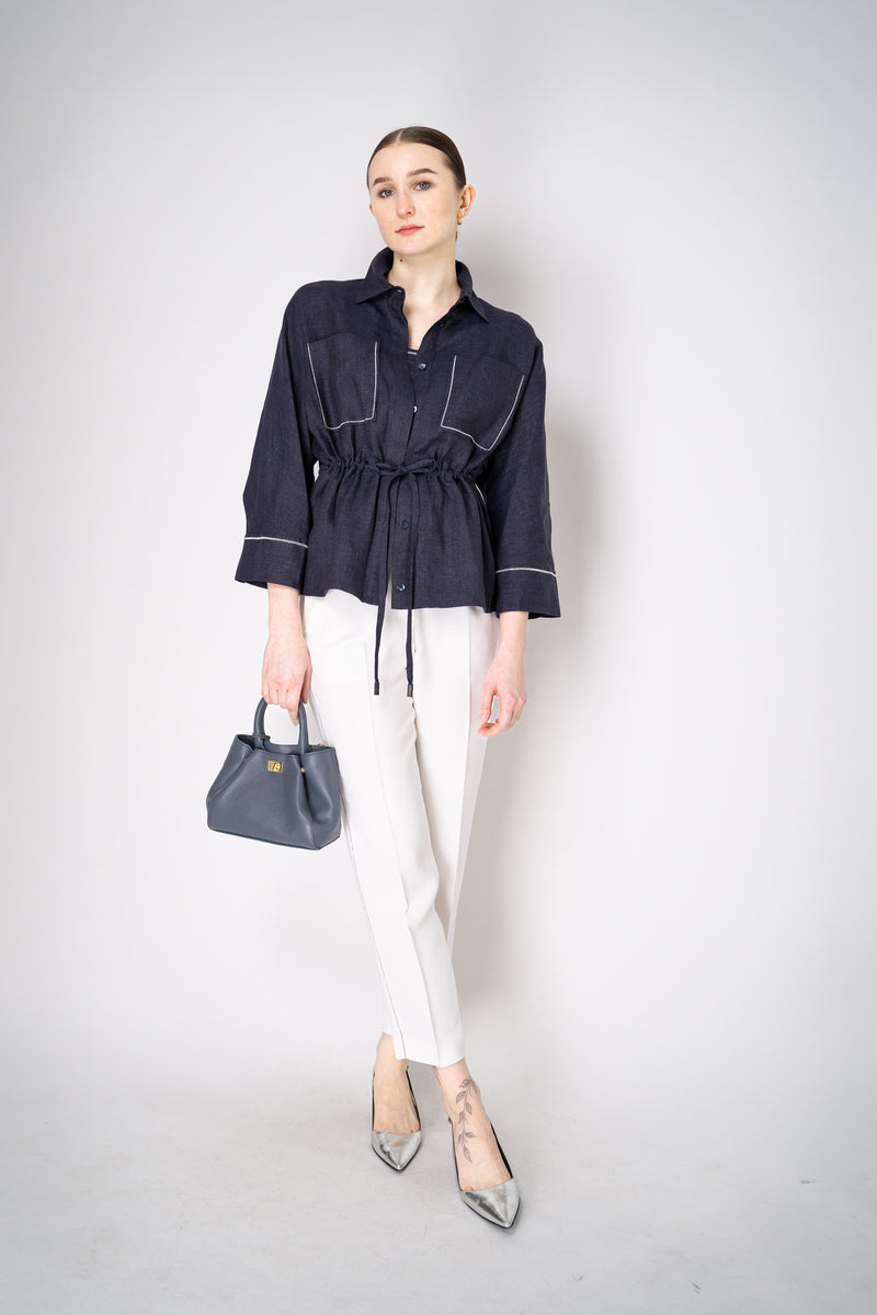 Peserico Linen Blouse-Jacket with Cinchable Waist in Navy Vancouver. Shop Online or in Store.