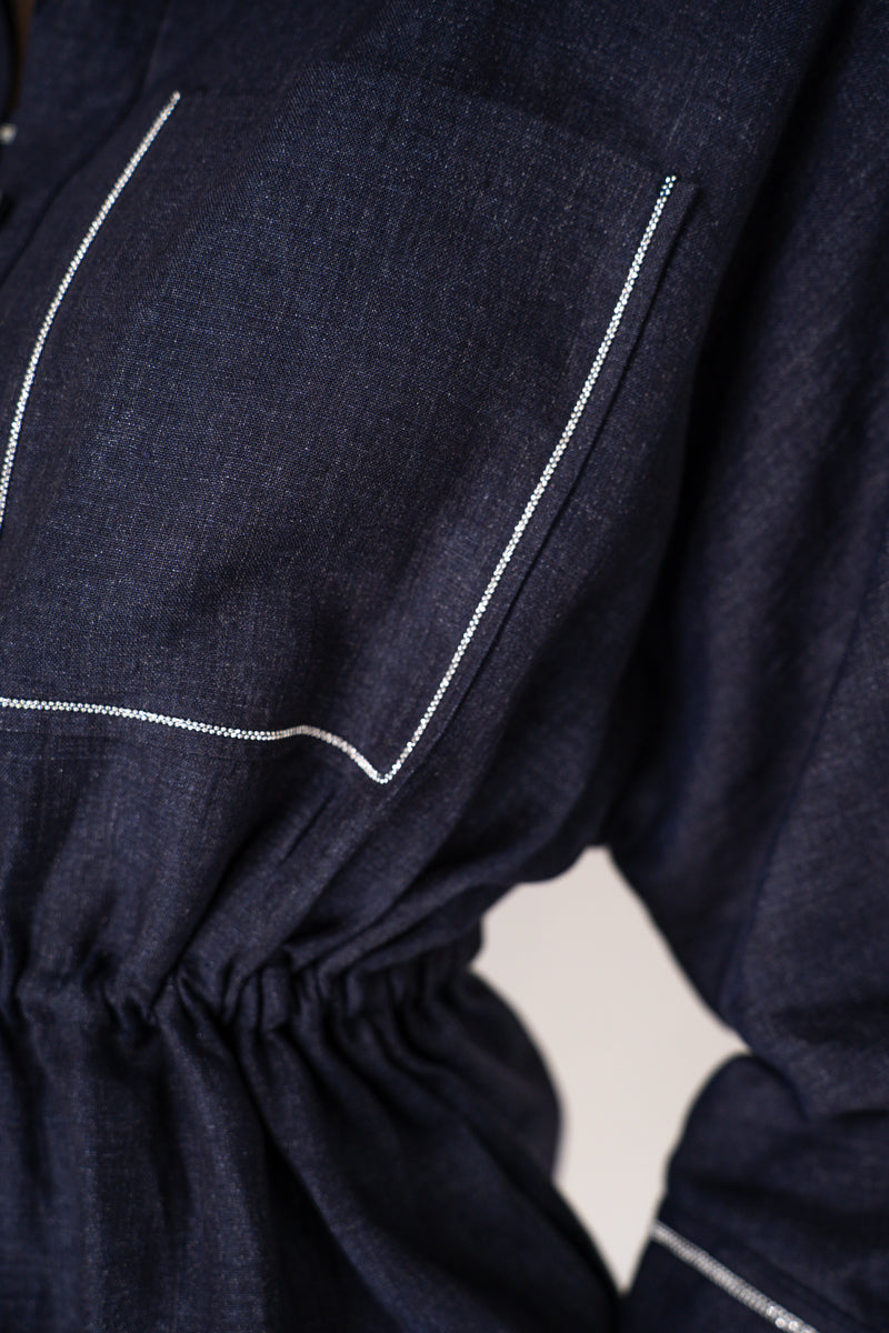Peserico Linen Blouse-Jacket with Cinchable Waist in Navy Vancouver. Shop Online or in Store.