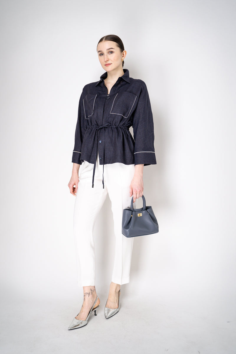 Peserico Linen Blouse-Jacket with Cinchable Waist in Navy Vancouver. Shop Online or in Store.