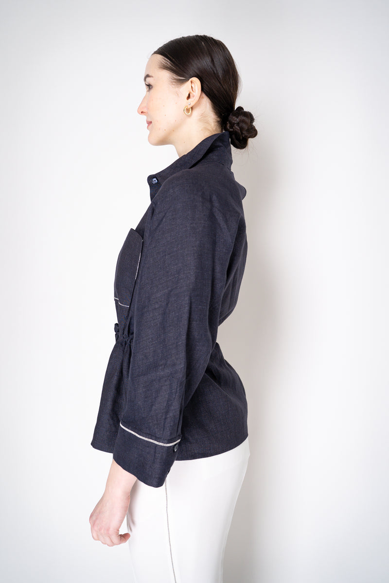 Peserico Linen Blouse-Jacket with Cinchable Waist in Navy Vancouver. Shop Online or in Store.