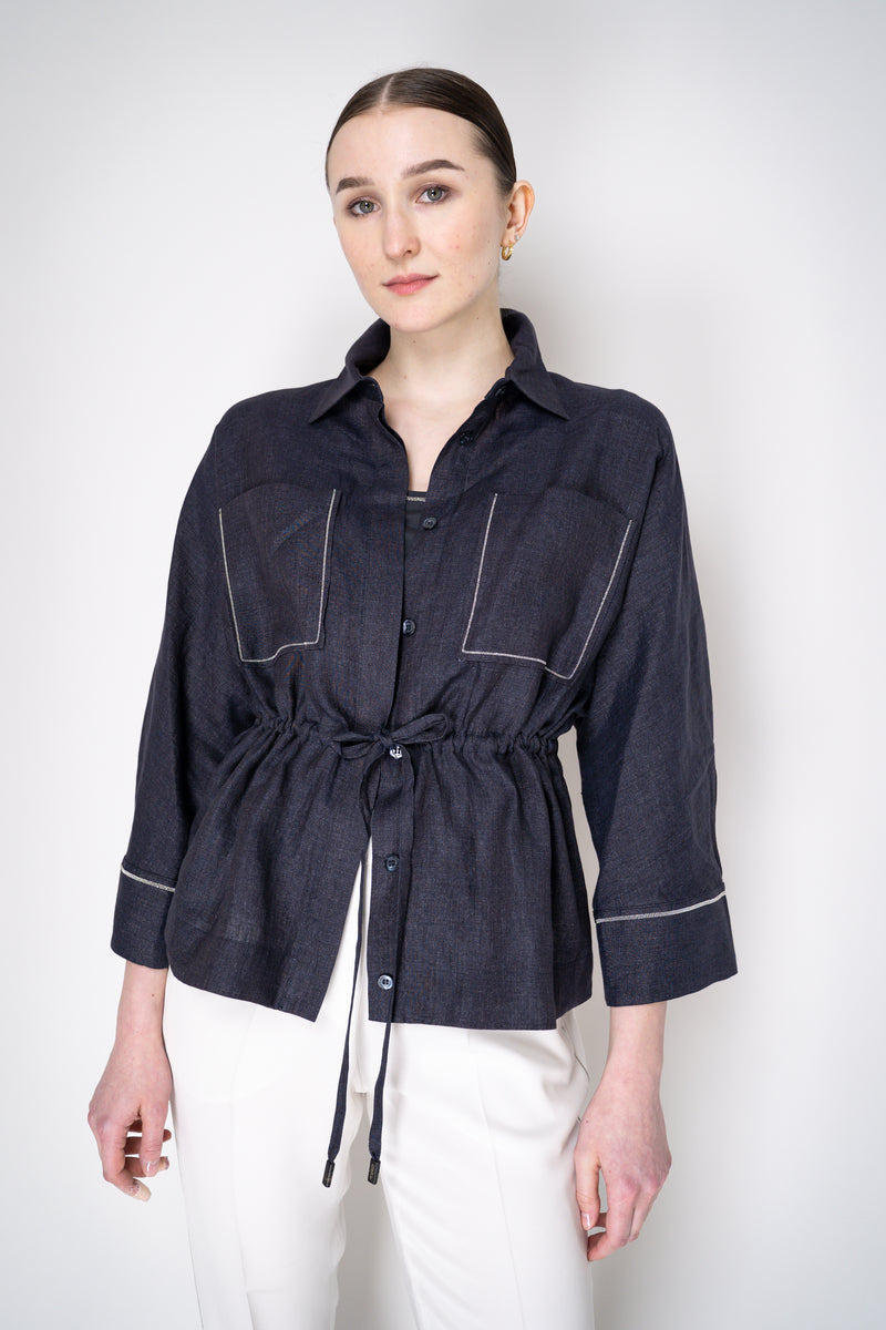 Peserico Linen Blouse-Jacket with Cinchable Waist in Navy Vancouver. Shop Online or in Store.
