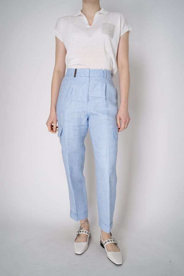 Peserico Linen Cargo Pull-On Style Trousers in Light Blue Melange Vancouver. Shop Online or in Store.