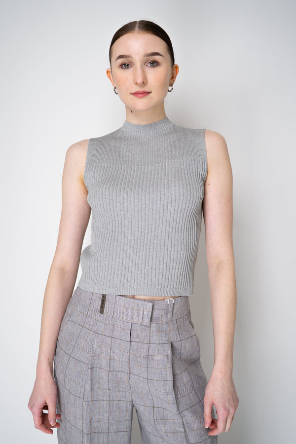 Peserico Mockneck Rib Stretch Viscose Sleeveless Top with Lurex Details in Silver Vancouver. Shop Online or in Store.