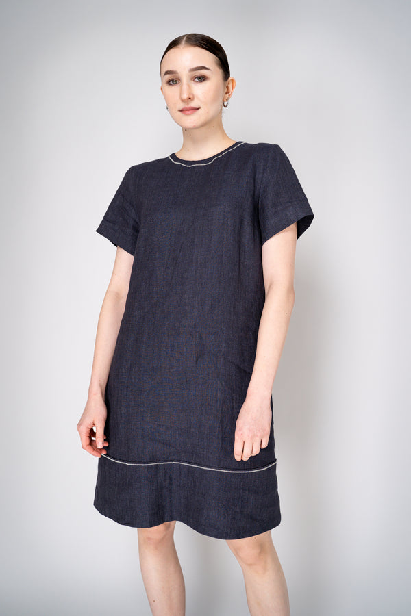 Peserico Open Back Linen Dress with Brilliant Beading Details in Denim Blue Vancouver. Shop Online or in Store.