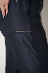 Peserico Pull-On Style Tapered Leg Sateen Trousers in Navy Vancouver. Shop Online or in Store.