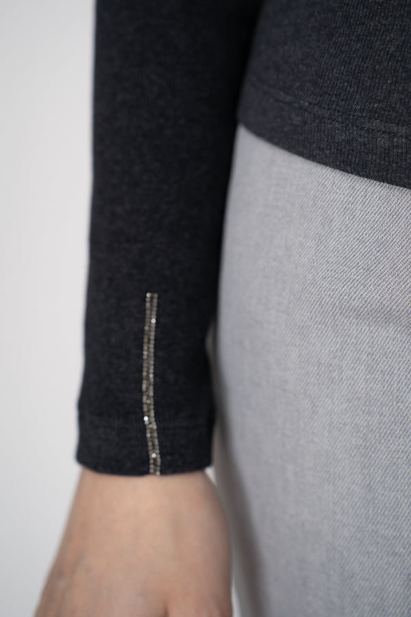 Peserico Ribbed Jersey Turtleneck Knit Top in with Brilliant Beading in Grey Vancouver. Shop Online or in Store.