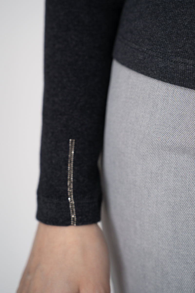 Peserico Ribbed Jersey Turtleneck Knit Top in with Brilliant Beading in Grey Vancouver. Shop Online or in Store.