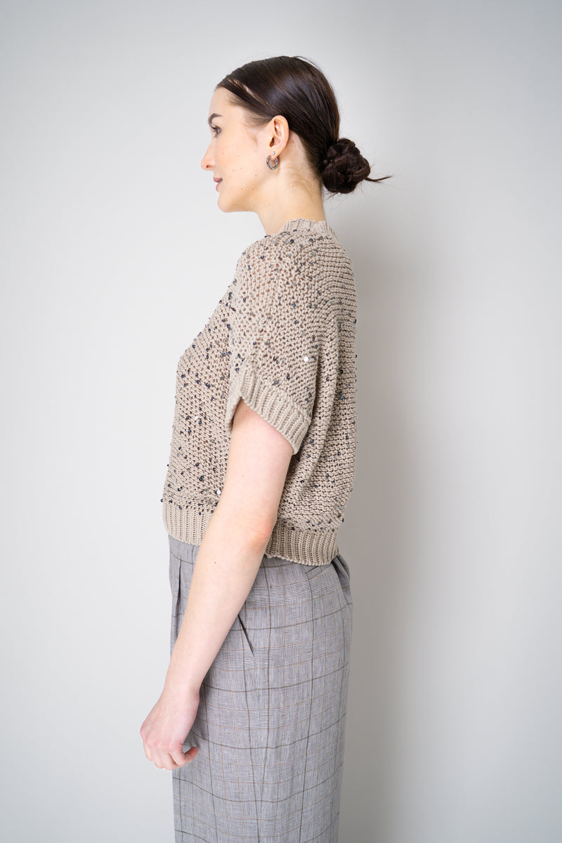 Peserico Short Sleeve Cotton Knit Top with Sequins in Gold Vancouver. Shop Online or in Store.