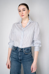 Peserico Silk Blend Stripe Button-Up Blouse in White and Navy Vancouver. Shop Online or in Store.
