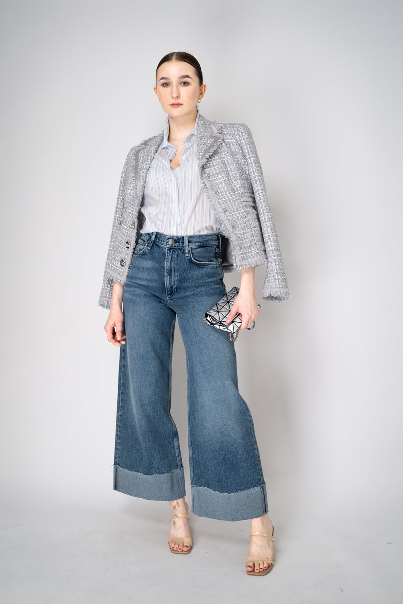 Peserico Silk Blend Stripe Button-Up Blouse in White and Navy Vancouver. Shop Online or in Store.