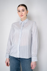Peserico Silk Blend Stripe Button-Up Blouse in White and Navy Vancouver. Shop Online or in Store.