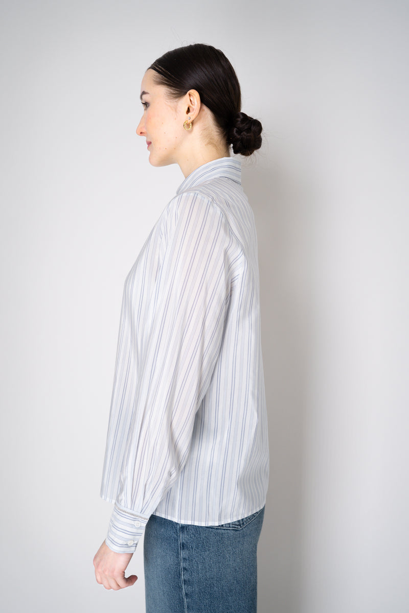 Peserico Silk Blend Stripe Button-Up Blouse in White and Navy Vancouver. Shop Online or in Store.
