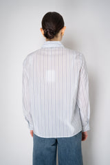 Peserico Silk Blend Stripe Button-Up Blouse in White and Navy Vancouver. Shop Online or in Store.