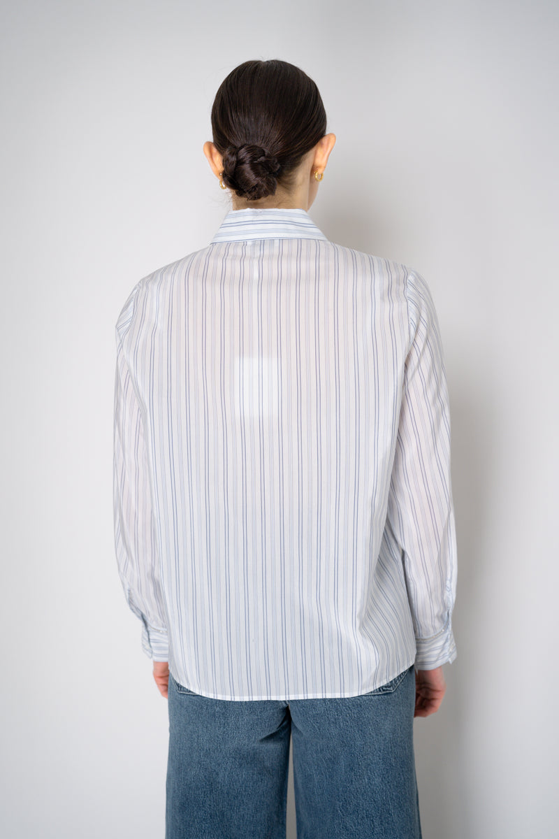 Peserico Silk Blend Stripe Button-Up Blouse in White and Navy Vancouver. Shop Online or in Store.