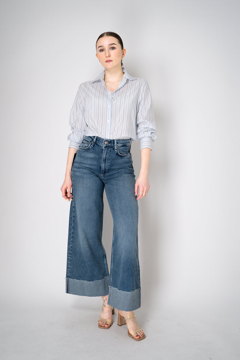 Peserico Silk Blend Stripe Button-Up Blouse in White and Navy Vancouver. Shop Online or in Store.