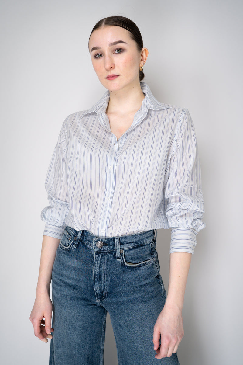 Peserico Silk Blend Stripe Button-Up Blouse in White and Navy Vancouver. Shop Online or in Store.