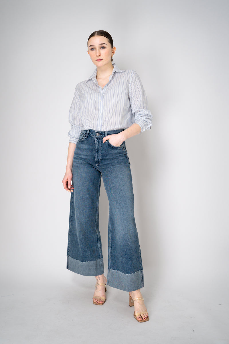 Peserico Silk Blend Stripe Button-Up Blouse in White and Navy Vancouver. Shop Online or in Store.