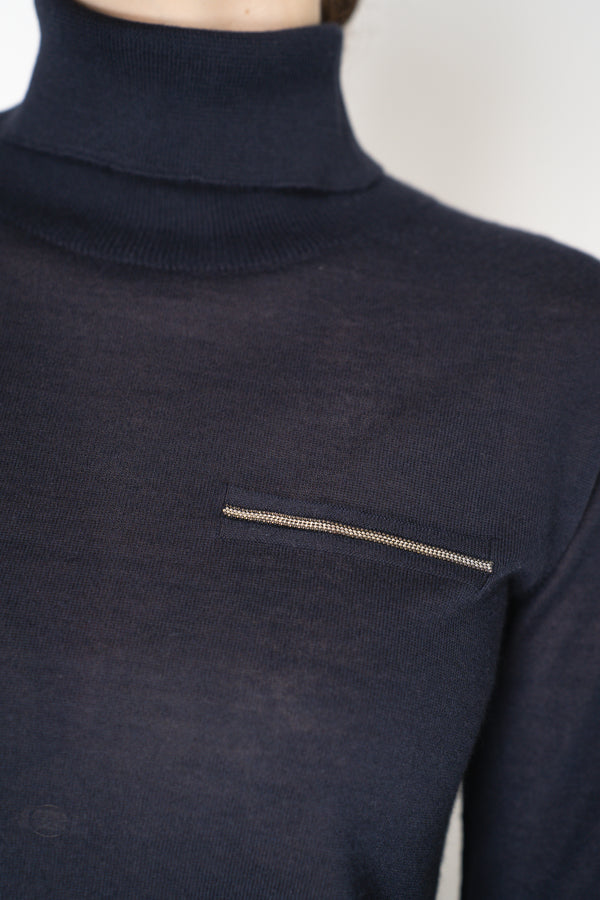 Peserico Silk Cashmere Knit Blouson Effect Turtleneck in Navy Vancouver. Shop Online or in Store.