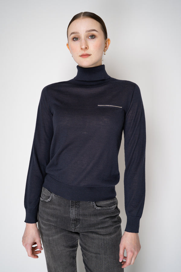 Peserico Silk Cashmere Knit Blouson Effect Turtleneck in Navy Vancouver. Shop Online or in Store.