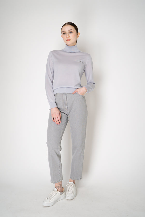 Peserico Silk Cashmere Knit Blouson Effect Turtleneck in Pale Blue Vancouver. Shop Online or in Store.