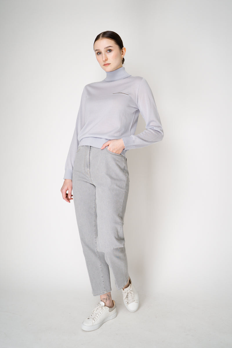 Peserico Silk Cashmere Knit Blouson Effect Turtleneck in Pale Blue Vancouver. Shop Online or in Store.