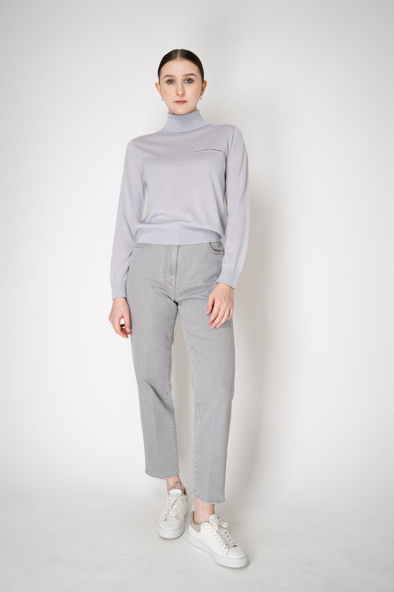 Peserico Silk Cashmere Knit Blouson Effect Turtleneck in Pale Blue Vancouver. Shop Online or in Store.