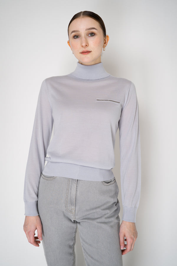 Peserico Silk Cashmere Knit Blouson Effect Turtleneck in Pale Blue Vancouver. Shop Online or in Store.