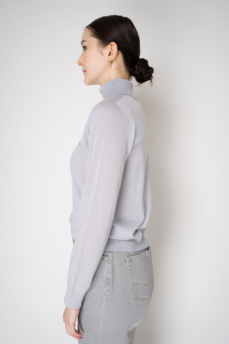 Peserico Silk Cashmere Knit Blouson Effect Turtleneck in Pale Blue Vancouver. Shop Online or in Store.