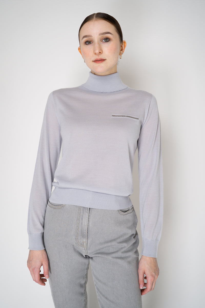 Peserico Silk Cashmere Knit Blouson Effect Turtleneck in Pale Blue Vancouver. Shop Online or in Store.