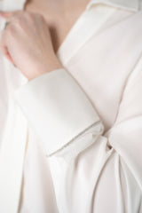 Peserico Silk V-Neck Blouse with Filo Diamante Embellished Cuffs in White Vancouver. Shop Online or in Store.