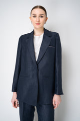 Peserico Single Breasted Crushed Linen Blend Blazer in Navy Vancouver. Shop Online or in Store.