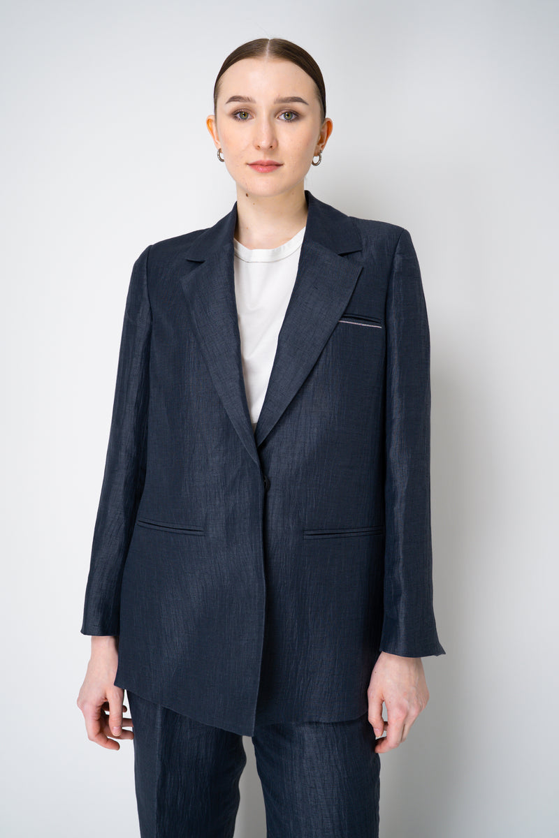 Peserico Single Breasted Crushed Linen Blend Blazer in Navy Vancouver. Shop Online or in Store.