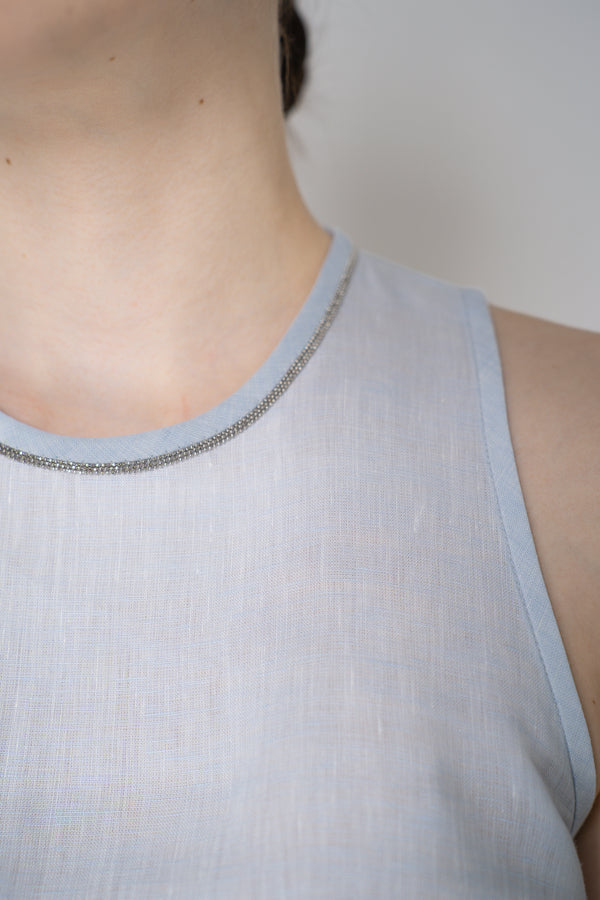 Peserico Sleeveless Asymmetrical Linen Handkerchief Top in Light Blue Vancouver. Shop Online or in Store.